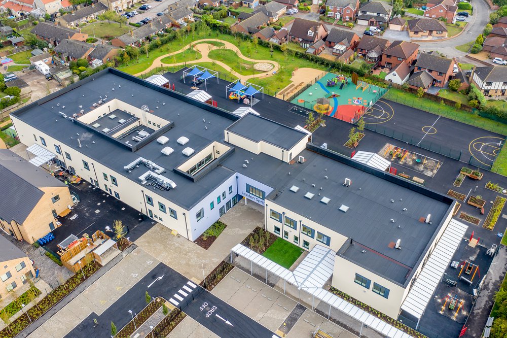 Aerial view of Lexden Springs School showing the building and outside space
