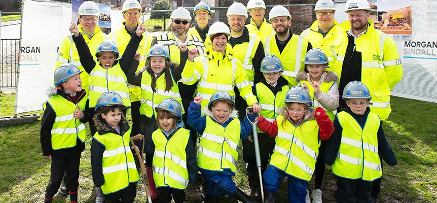 Group of pupils and Morgan Sindall employees at the groundbreaking event for Renton School
