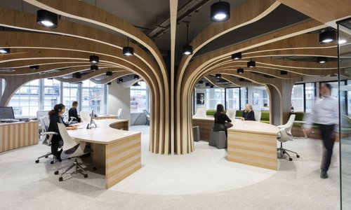 Image of the Morgan Sindall Group plc Office - Kent House, which features a wooden tree that stretches the length of the office