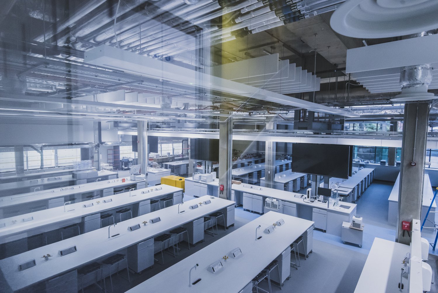 An image of a science laboratory at the Science Centre for Anglia Ruskin University, which features an exposed concrete ceiling