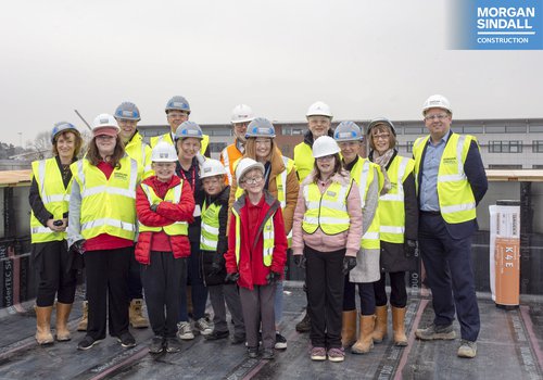 Morgan Sindall team, and staff and pupils from Lexden Spring School at the School's topping out event