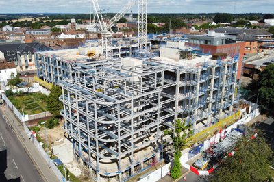 The steelwork of the CCOS building in St Albans, taken from the air using a drone