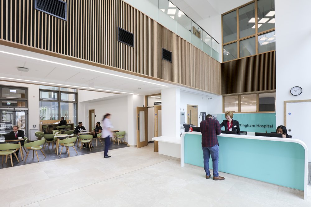 Reception atrium area of the Spire hospital showing the reception desk