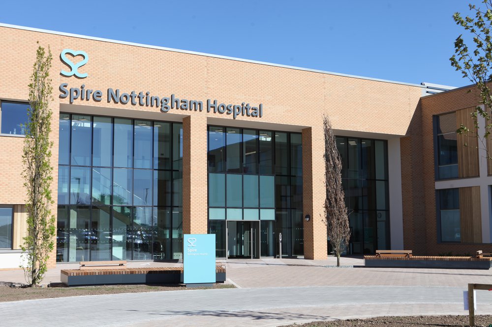 Close up of the front entrance to The Spire Hospital in Nottingham