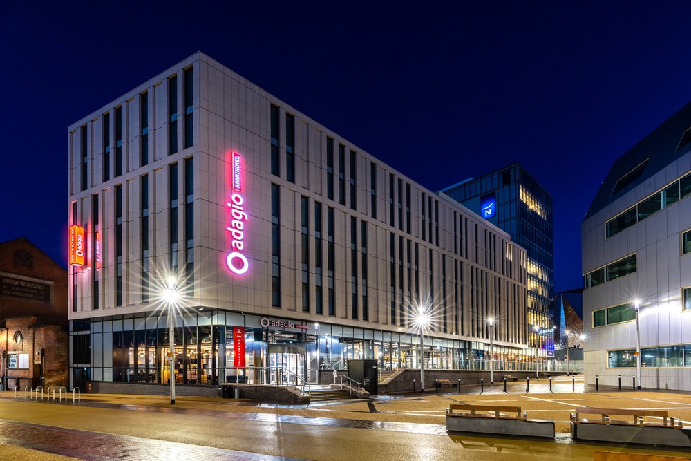 Exterior of Great Central Square, Leicester (Project Medius) at night