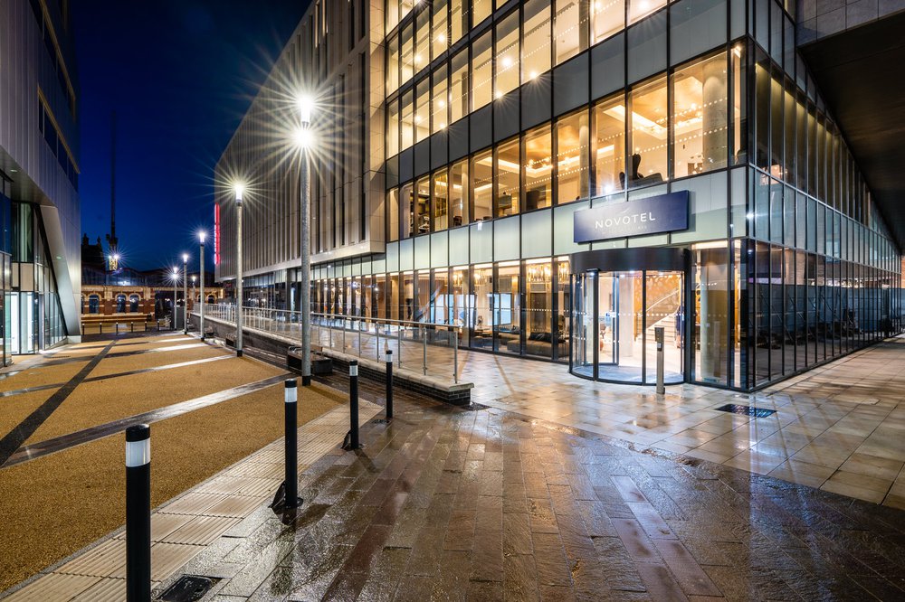 Exterior of Great Central Square, Leicester (Project Medius) at night