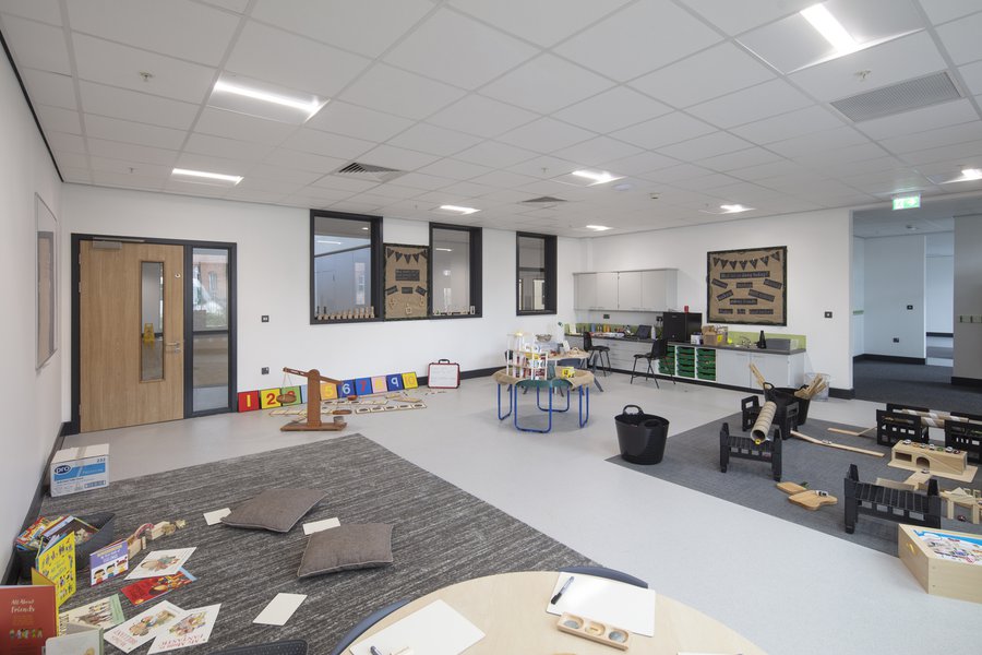 A classroom with toys on the floor