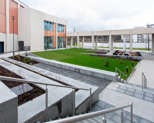 Outside garden and patio area at Copperas Hill project for Liverpool John Moores University