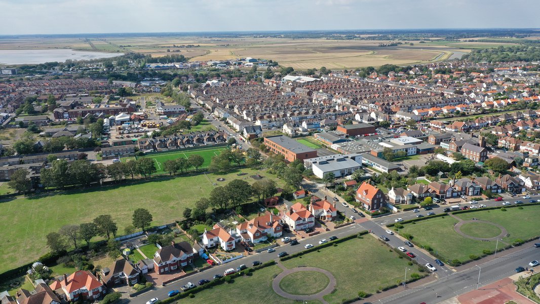 Aerial view showing the Great Yarmouth Charter Academy in the context of the town