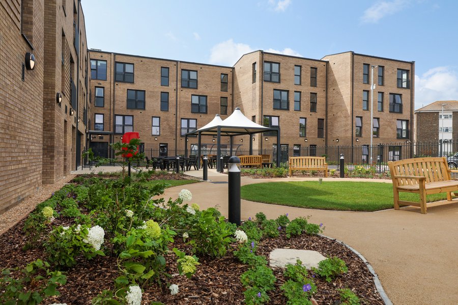 Four-storey building and garden area