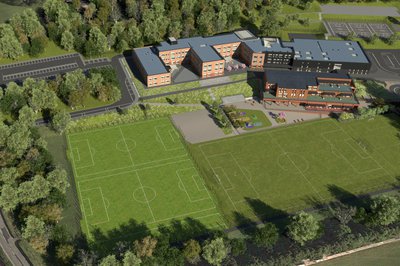 Design for the proposed Abergavenny school, aerial view that includes football pitches