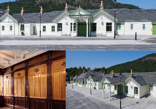Exterior view and view of a wood panelled room which Morgan Sindall Construction restored at Ballater Railway Station