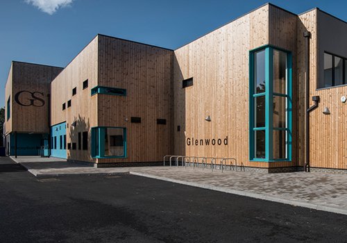 Image of Glenwood School in Essex to show the wooden cladding which is on the whole of the building