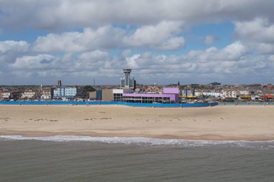 The Leisure Centre on Great Yarmouth seafront from a distance, image taken from drone flight coming in across the sea