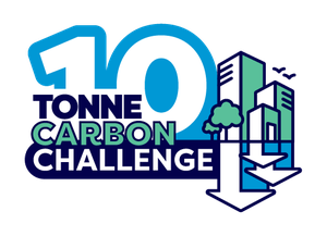 Logo the 10 tonne carbon challenge featuring buildings and an arrow pointing down