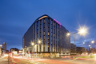 View from the outside of the Moxy Hotel in Slough in the evening
