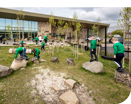 Children on stepping stones in school playground