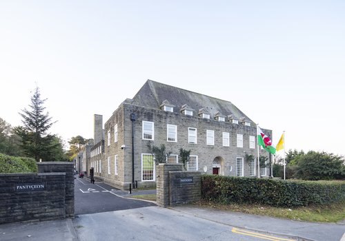 Front of the Grade two listed Pantycelyn student accommodation, taken from the roadside