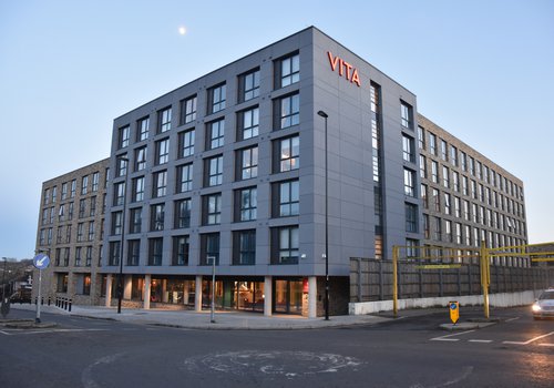 Image of the outside of the Vita Student Accommodation in Southampton, a six storey building
