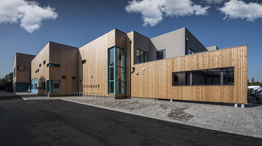 Image of the front of the Glenwood School in Essex showing the wooden cladding used on the exterior