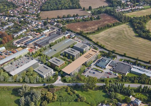 Aerial view of the Sawston Research park in Cambridge
