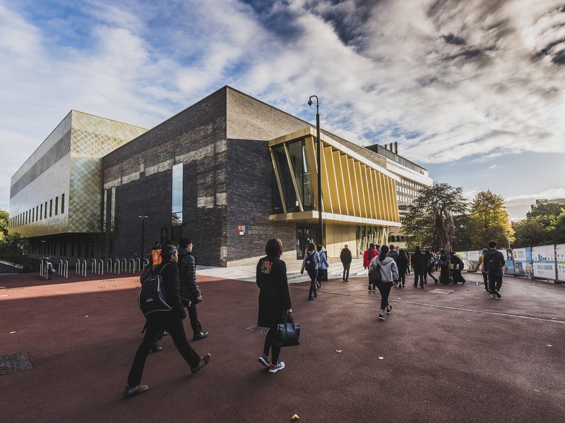 Front entrance to the University of Birmingham Collaborative Teaching Lab with gold brise-soleil