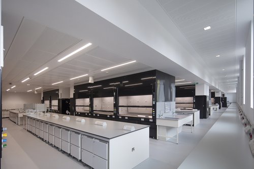 View of a science wet laboratory space at University of Birmingham Collaborative Teaching Lab