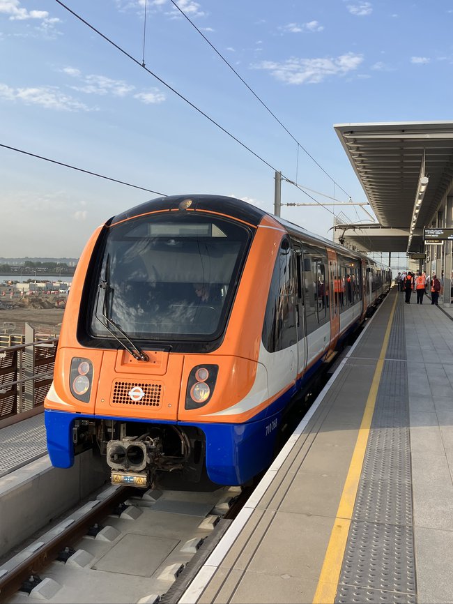A train sits at a platform