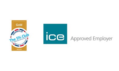 The logos for the 5 per cent club and the ICE (Institution of Civil Engineers) approved employer scheme