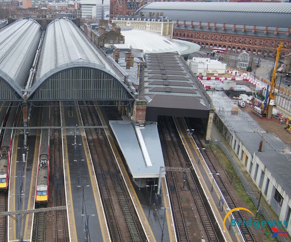 An aerial exterior view of the King's Cross remodelling project, showing platforms and tracks