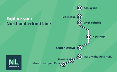 Map of the Northumberland Line with stations: Ashington, Bedlington, Blyth Bebside, Newsham, Seaton Delaval, Northumberland Park, Manors, Newcastle upon Tyne.
