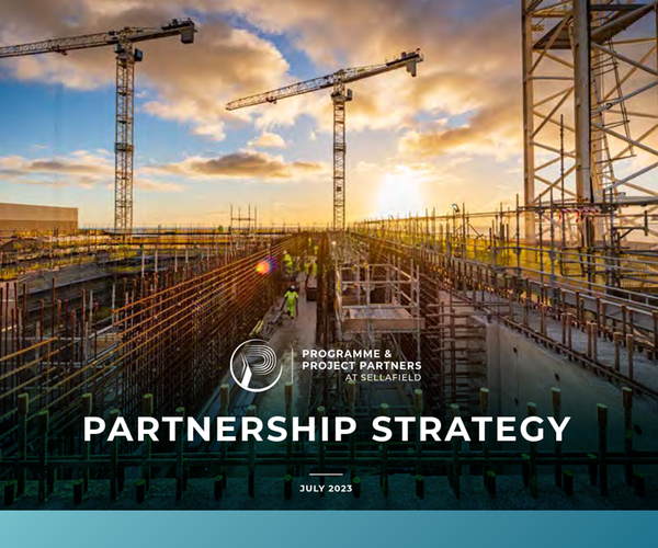 A photograph of work taking place on site - scaffolding is visible in the foreground, and colleagues wearing Personal Protective Equipment, with two cranes standing towards the background.