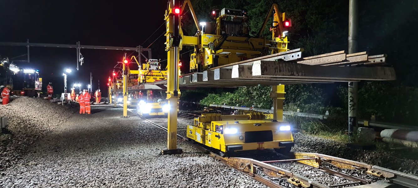A close up shot of nighttime work on rail tracks at the Barking Riverside project.