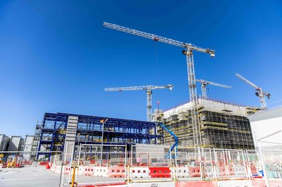 Construction site with four tower cranes