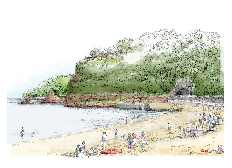An illustration showing a beach in the foreground, with a tunnel emerging from a hill in the background
